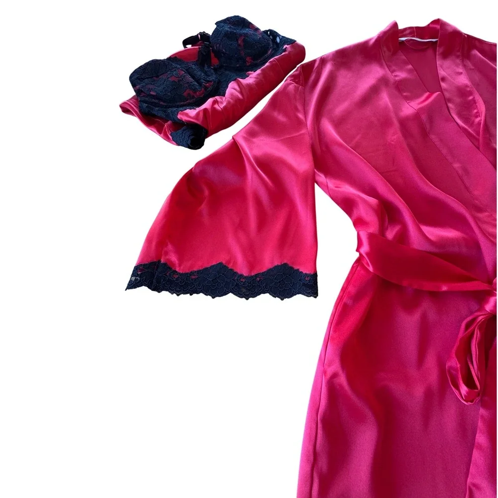 Y2K Victoria Secret Lingerie Set Women S Red Black Lace Satin Robe Slip Babydoll - Picture 5 of 16